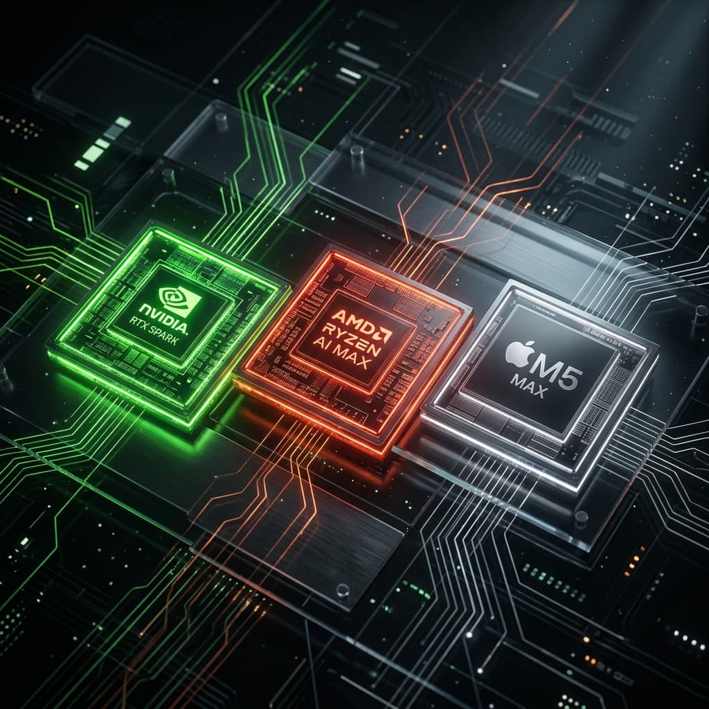 2026 本地 AI 算力巅峰对决:Nvidia RTX Spark vs AMD Ryzen AI Max vs Apple M5 Max 深度解析|AI 与商业杠杆 封面图