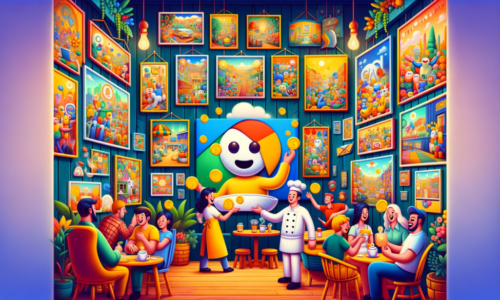 DALL·E 2023-11-13 14.52.21 - A whimsical and fun depiction of Google AdSense concept. Imagine a colorful, animated scene in a cozy cafe setting. The walls of the cafe are adorned